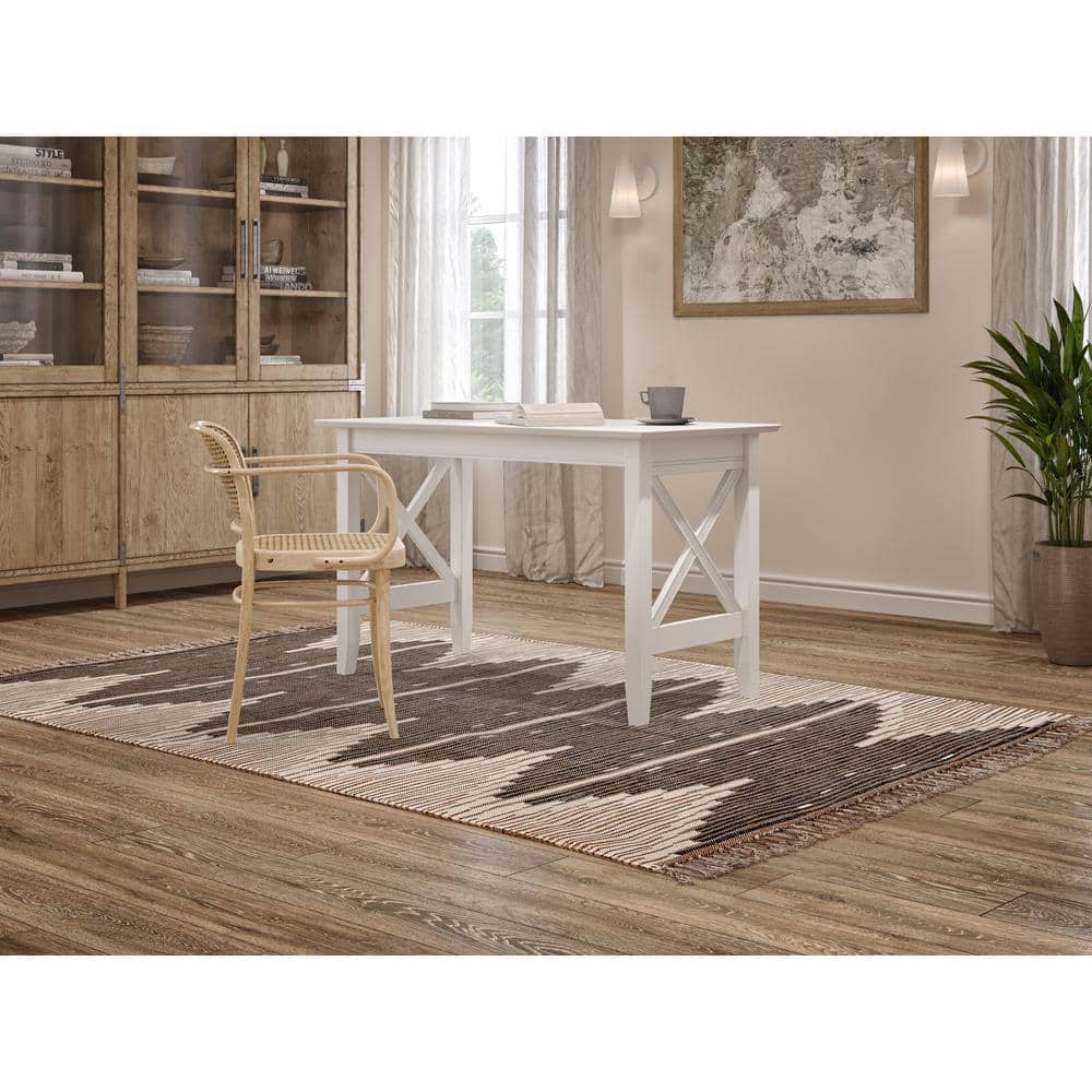 Sleek White Solid Wood Writing Desk with Built-In USB Charger