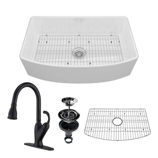 VANITYFUS 33 in. Undermount Farmhouse Single Bowl White Fine Fireclay Workstation Kitchen Sink with Faucet and Accessories