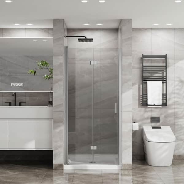 34-35.2 in. W x 72 in. H Bifold Semi-Frameless Shower Door in Chrome Finish with Clear Glass