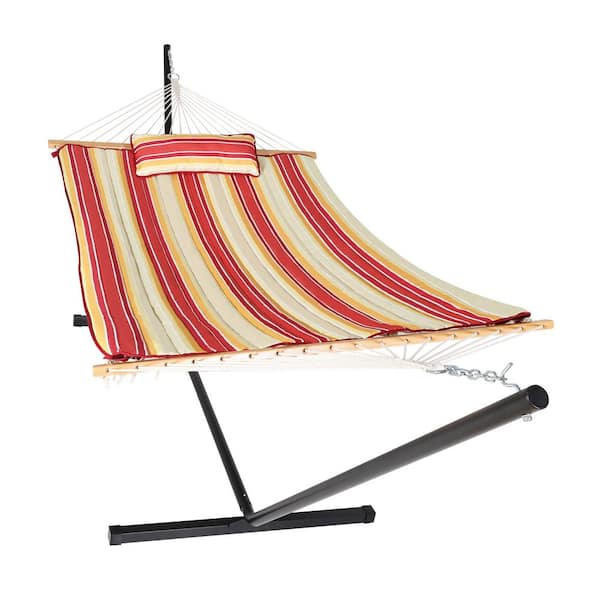 VEIKOUS 12 ft. Quilted 2-Person Hammock with Stand and Detachable Pillow in Red Stripes