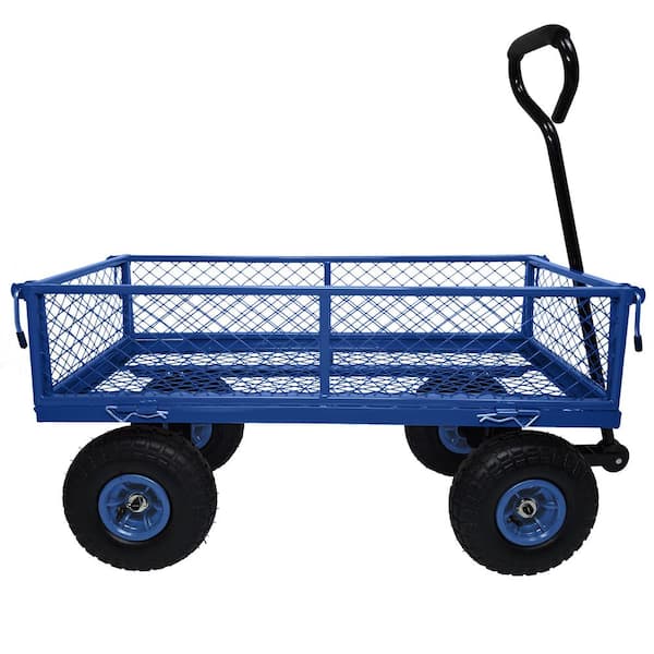 Zeus & Ruta 3 cu. ft. Blue Metal Steel Mesh Serving Cart, Removable Sides, Heavy Duty Utility Wagon Outdoor Garden Cart