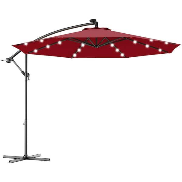 HONEY JOY 10 ft. Metal Cantilever Solar Patio Umbrella LED Sun Shade Offset W/Base in Burgundy