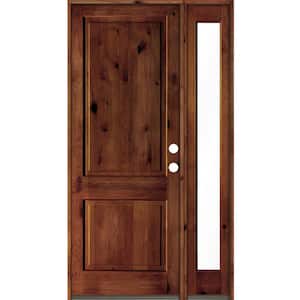 50 in. x 96 in. knotty alder Left-Hand/Inswing Clear Glass Red Chestnut Stain Square Top Wood Prehung Front Door w/RFSL