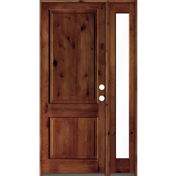 Krosswood Doors 56 in. x 96 in. knotty alder Left-Hand/Inswing Clear Glass Red Chestnut Stain Square Top Wood Prehung Front Door w/RFSL