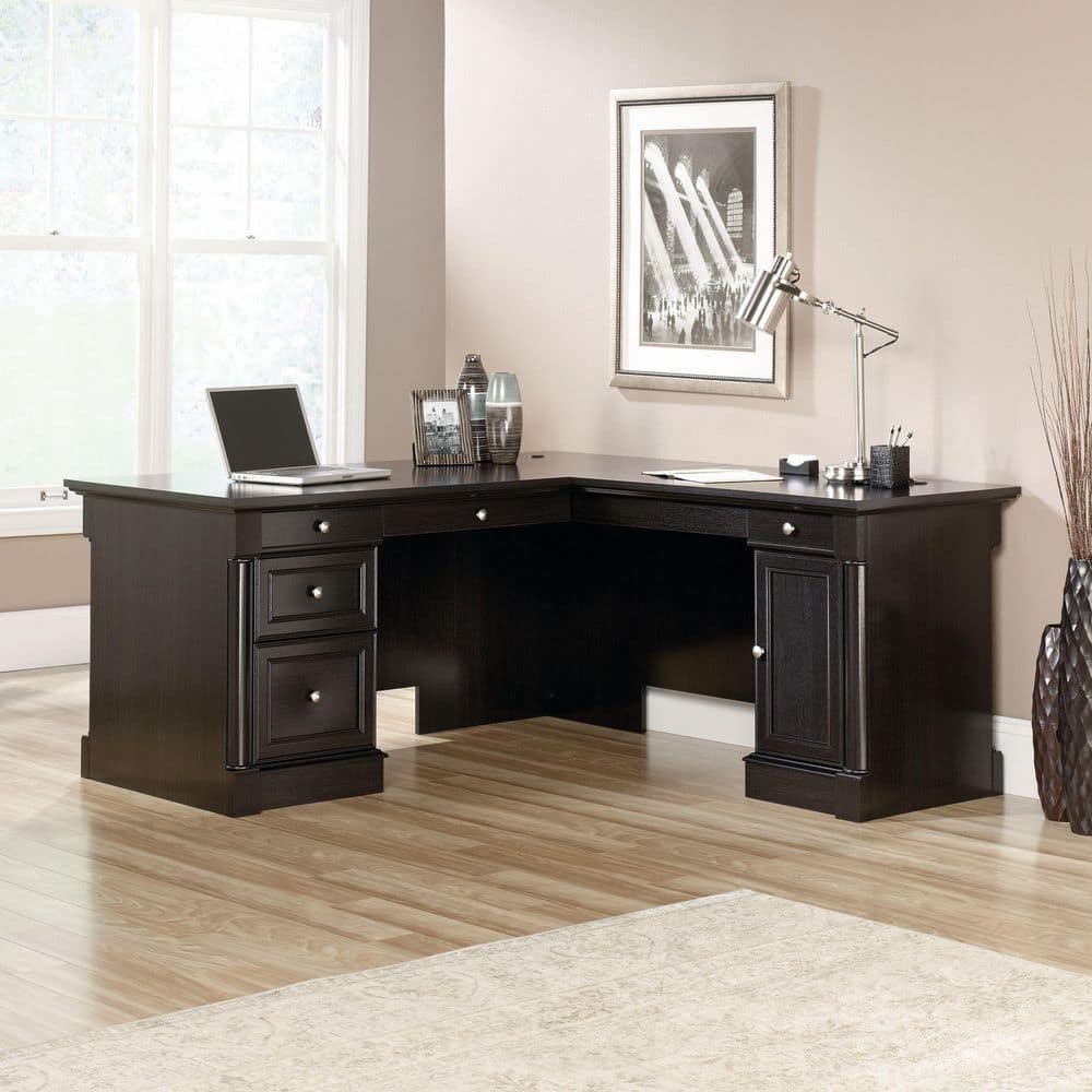 Palladia 65.118 in. Wind Oak Finish L Shape Desk with Storage Drawers and Vertical Storage with Adjustable Shelf