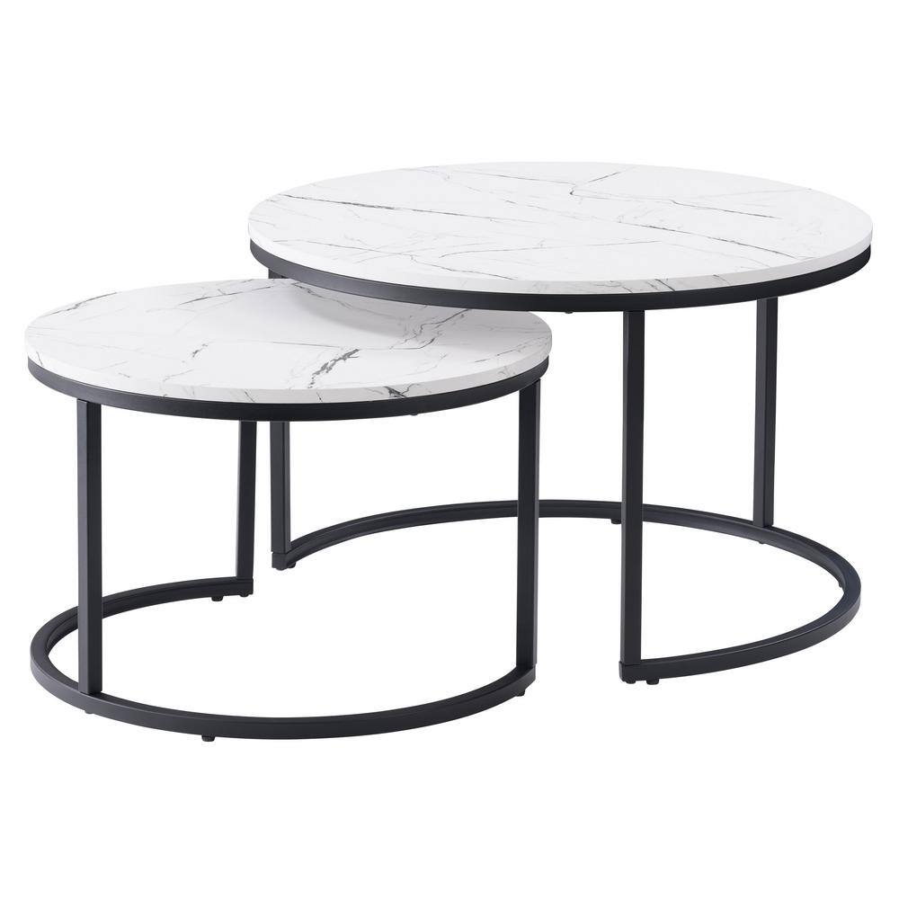 Elegant Round Nesting Coffee Tables with Wood & Marble Finish