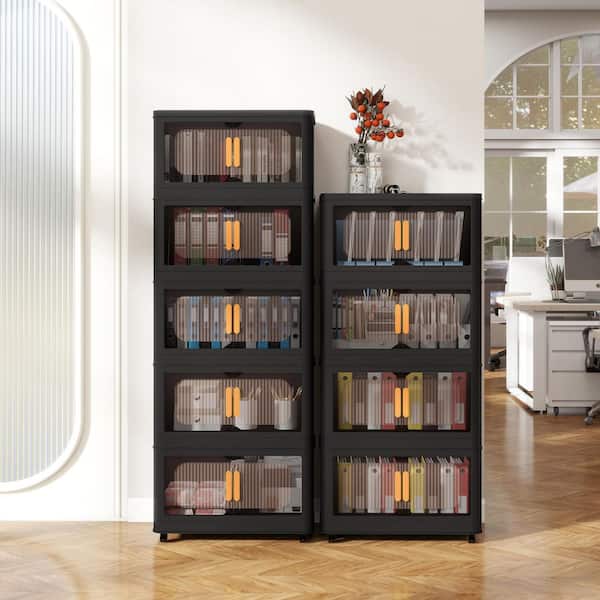 5-Tier Black Plastic Collapsible Storage Cabinet, Rolling Closet Organizer with Magnetic Door (24 x 14 x 60 in. )