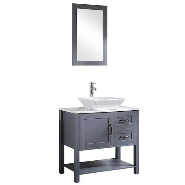 30 in. W x 18.5 in. D x 36 in. H Sink Freestanding Bath Vanity in Gray w/White Marble Pattern Top Mirror Faucet&Drain