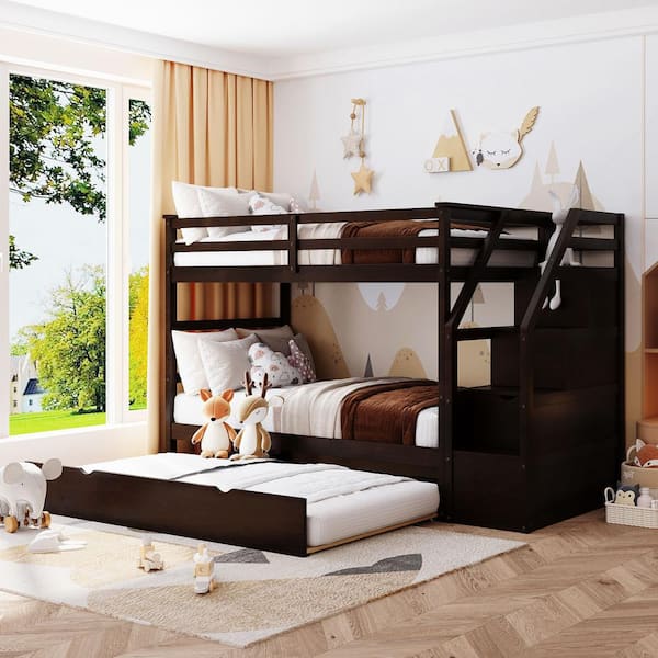 ANBAZAR Twin Over Twin Espresso Bunk Bed with Trundle, Wood Twin Size Bunk Bed with Stairs, Twin Kids Bunk Beds with Guardrail
