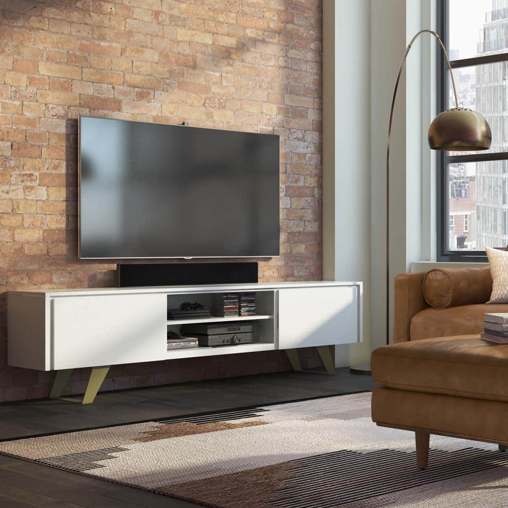 White Acacia Wood Industrial TV Media Stand with Cabinet