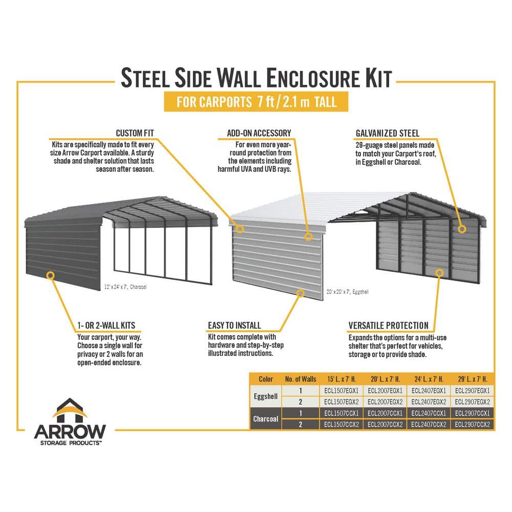 Charcoal 12' x 20' Steel Carport Kit with Side Wall