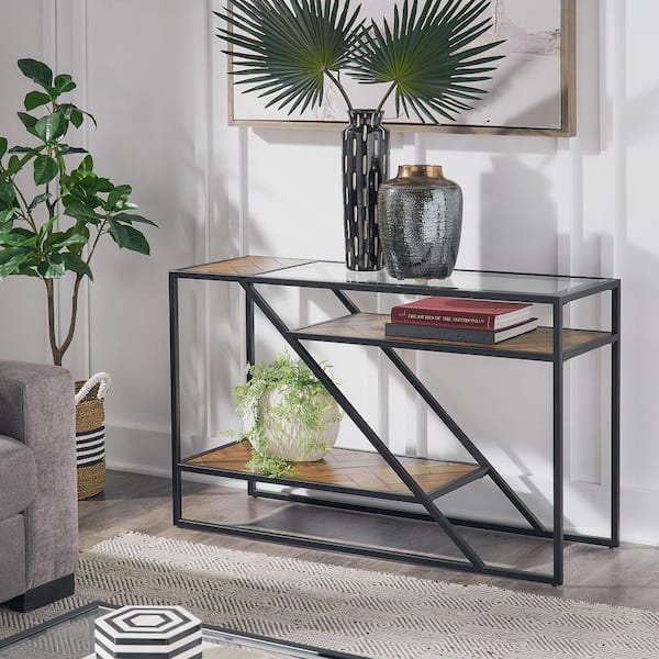 Black metal and on sale glass console table