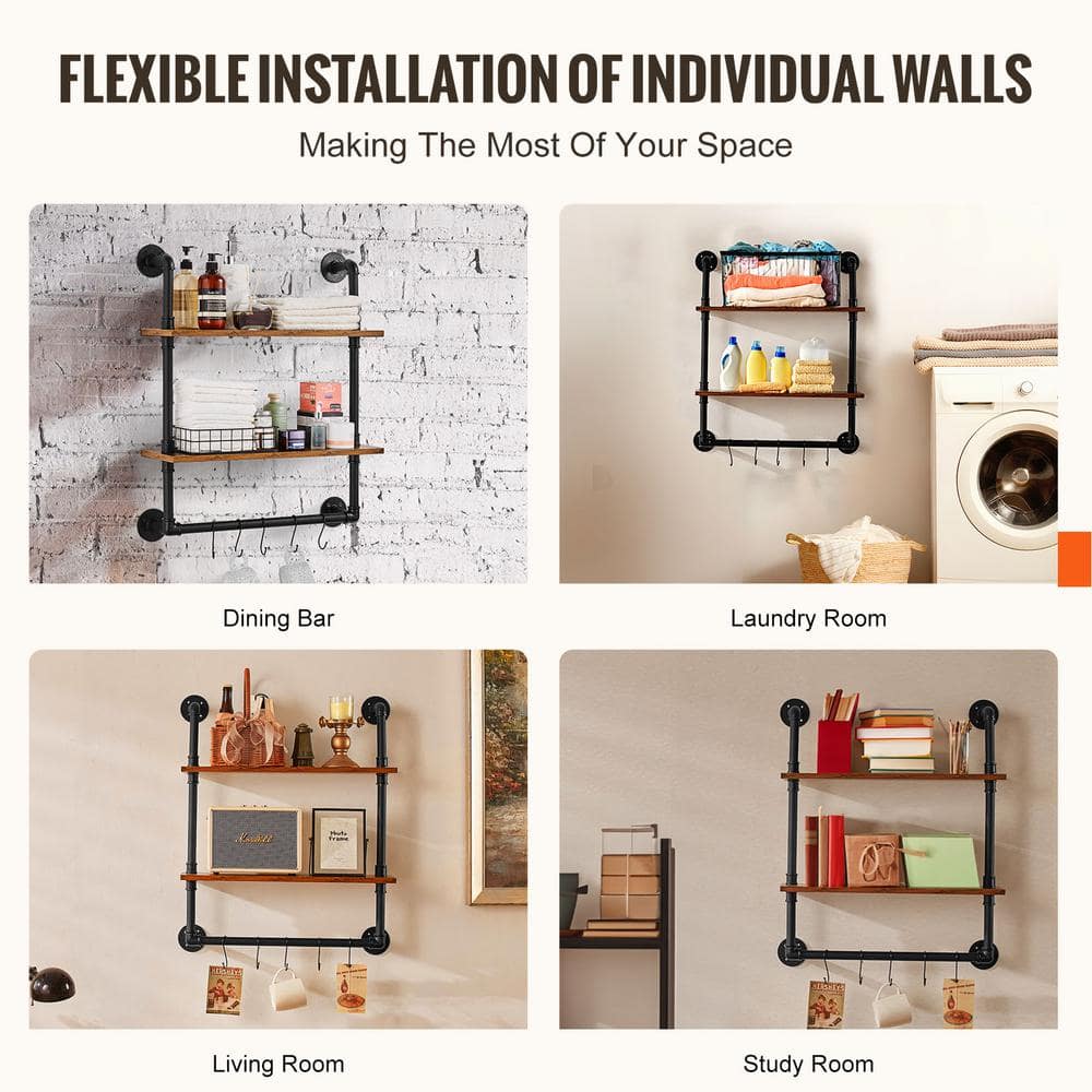 Black and Brown Industrial Steel and Wood Wall-Mount Accent Shelf