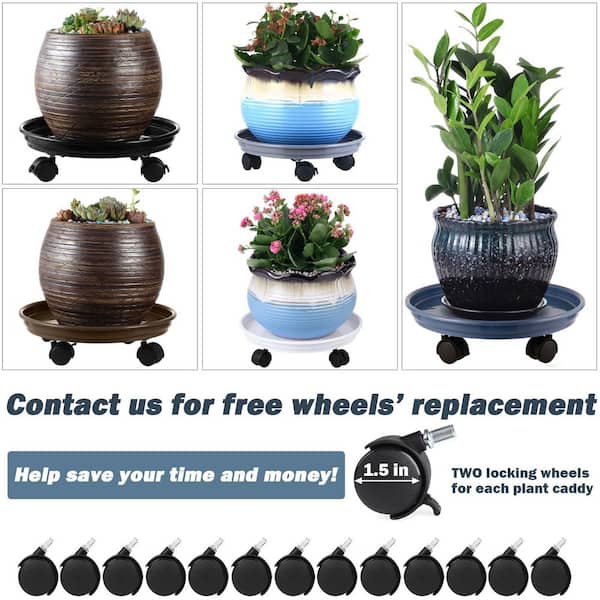 SenQWFa 11.8 in. Round Black Plastic Rolling Plant Caddy with