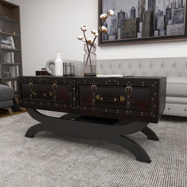 Litton Lane 40 in. Brown Rectangle Faux Leather Top Coffee Table with Storage