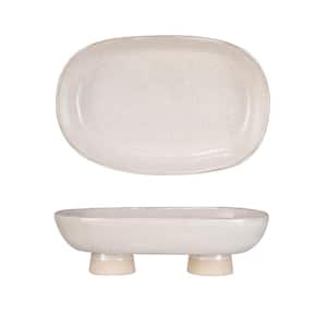 9.37 in. Reactive Glaze Beige Stoneware Oval Platter with Oversized Feet