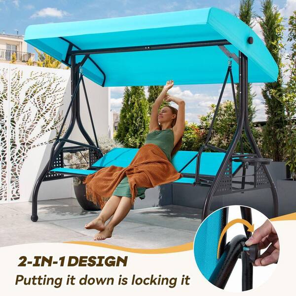 Cesicia 3-Person Lake Blue Metal Patio Swing with Textilene