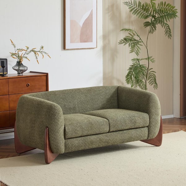 Nisant 62.5 in. Modern 2-Seat Boucle Fabric Upholstered Loveseat, Birch Wood Frame, Olive-Green Plus Brown