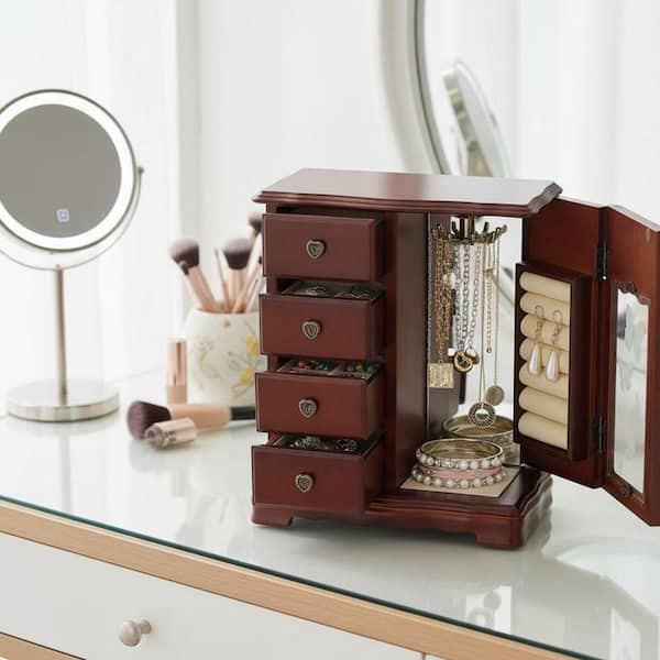 Wooden Jewelry Box with 4-Drawers Built-in Necklace Carousel and