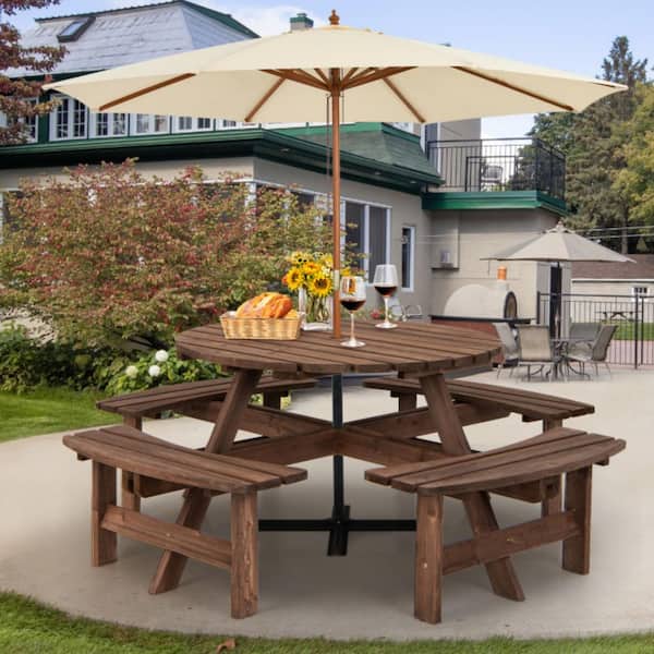 8-Person Fir Wood Patio Outdoor Dining Picnic Table Bench Set 2000 lbs. Capacity with 2 in. Umbrella Hole