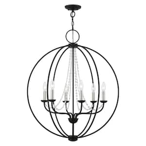 Arabella 6-Light Black Pendant Chandelier with Brushed Nickel Candles and Clear Crystals