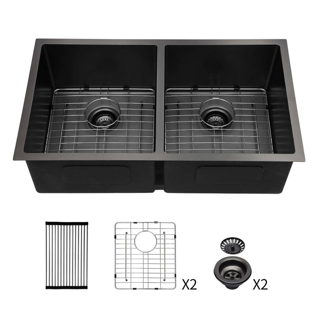 33 in. Double Bowl(50/50) 16-Gauge Stainless Steel Kitchen Sink in Gunmetal Black with Two 10 in. D, Basin -  cadeninc, Lor-LQW1-000