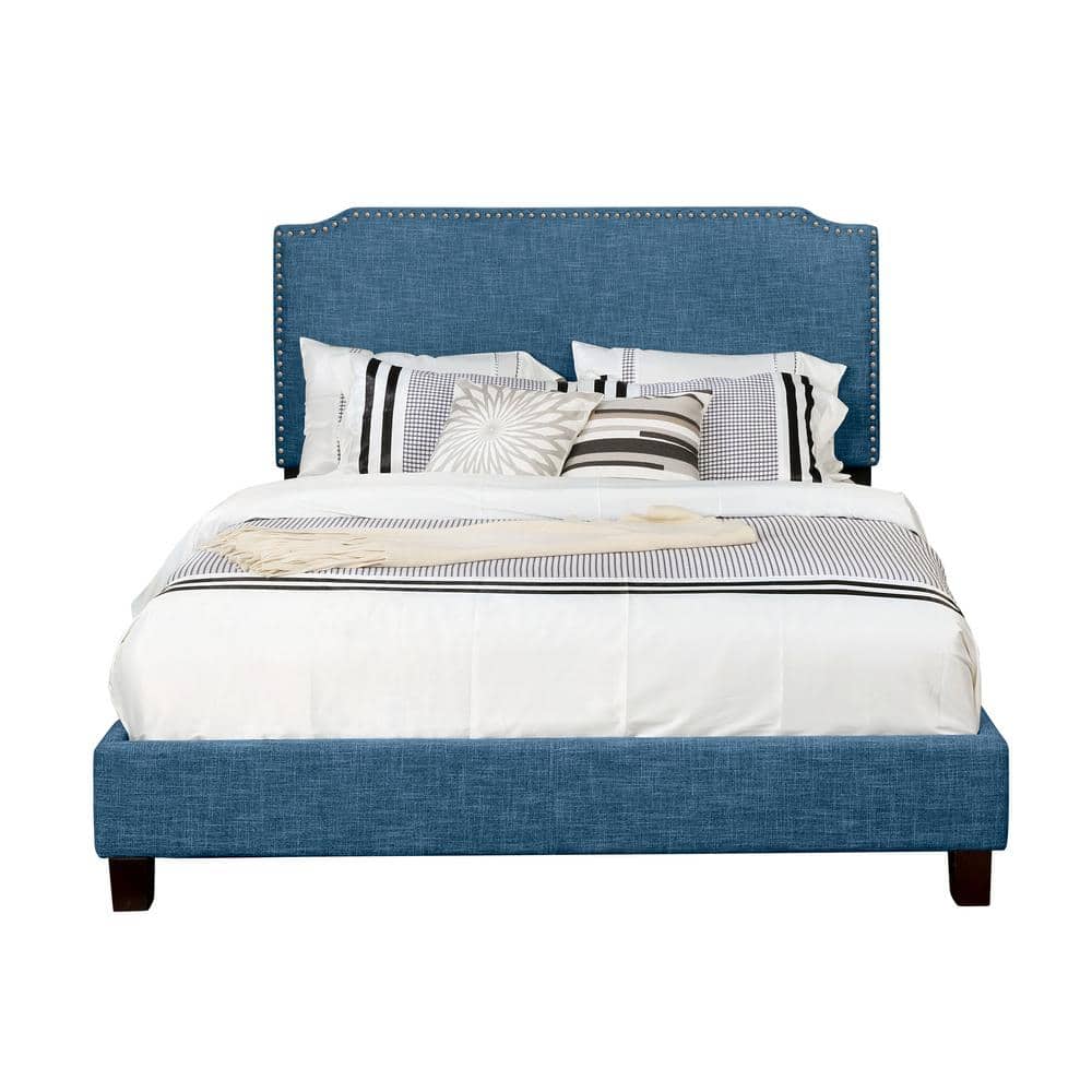 Blue Full Size Upholstered Panel Bed with Nail Head