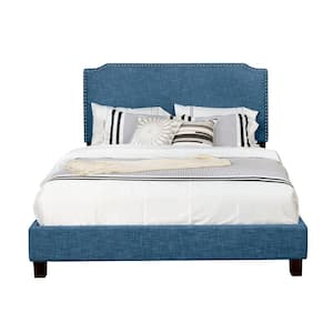 Blue Full Size Upholstered Panel Bed with Nail Head