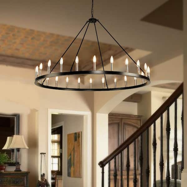 24-Light Lagre Wagon Farmhouse Round Wheel Hoyer Chandelier Living Room Dining Room Pendant Light, Black and Gold