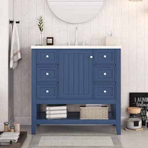 36 in. W x 18 in. D x 34 in. H Singl Sink Freestanding Bath Vanity in Blue with White Ceramic Top