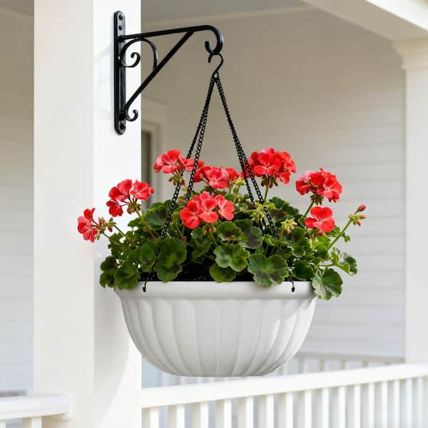 Medium White Resin Round Hanging Planter with Knock-Out Drainage Holes (12 in. L x 12 in. W x 5.5 in. H) (2-Pack)