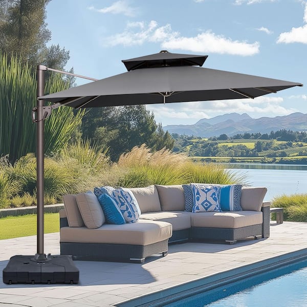 Pellebant 2-Tier top 11.5 ft. x 9 ft. Aluminum Outdoor 360° Rotation Cantilever Patio Umbrella in Gray with 260 lbs. Base