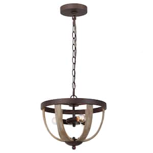 Farmhouse 3-Light Brown Bowl Cage Distressed Wood Chandelier for Living room, Kitchen with No Bulb Included