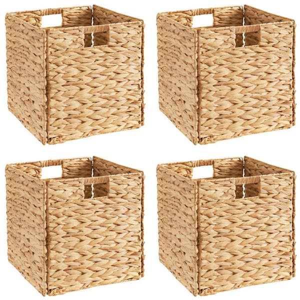 Natural Brown, 13 in. x 13 in. Water Hyacinth Wicker Storage Decorative Baskets with Handles, Set of 4