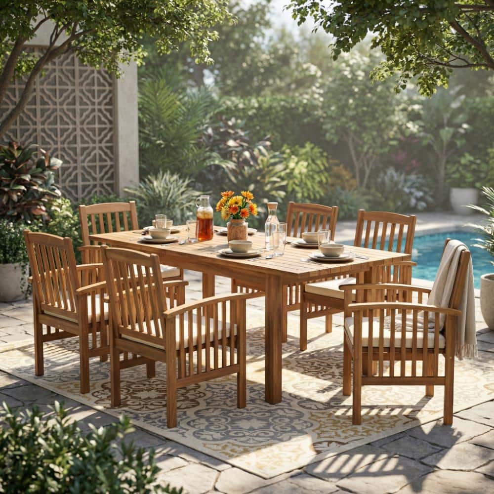 7-Piece Acacia Wood Outdoor Dining Set, 6 Chairs & 1 Table, All-Weather, Teak price history on PriceWatchPro