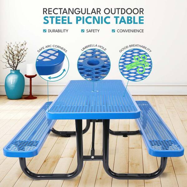 72 in. Blue Rectangular Outdoor Steel Picnic Table Seats 4-6