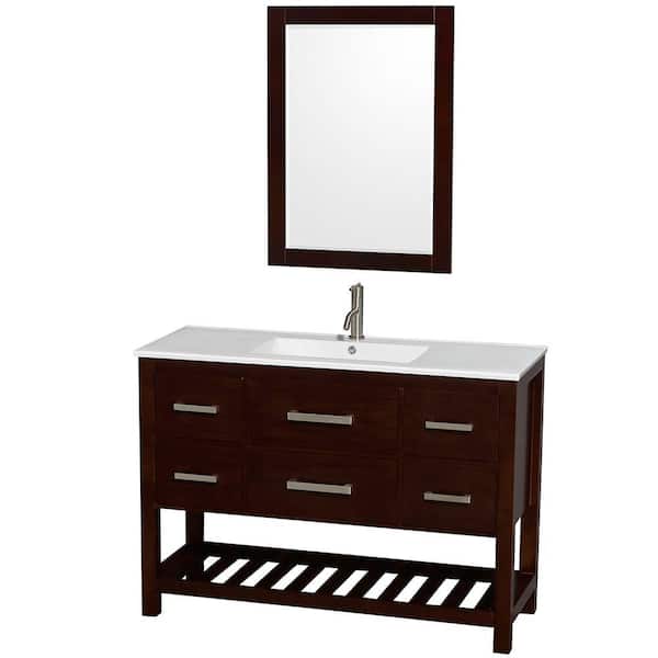 Wyndham Collection Natalie 48 in. Vanity in Espresso with Porcelain Vanity Top in White, Integrated White Sink and 24 in. Mirror