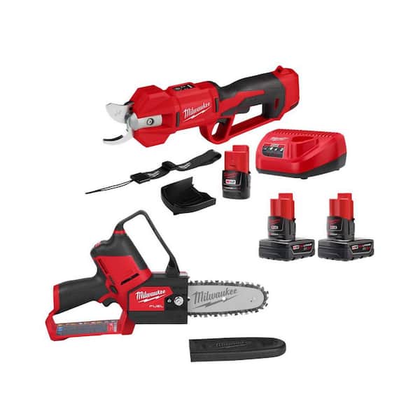 M12 12V Brushless Cordless Battery Powered Pruner Shears Kit w/ Pruning Mini Chainsaw, (3) Batteries, (1) Charger
