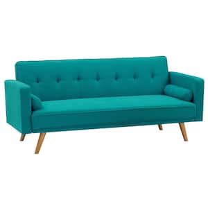 71.6 in Wide Square Arm Modern Cotton Straight Variable Bed Folding Sofa With Wood Legs For Living Room in (Retro) Blue