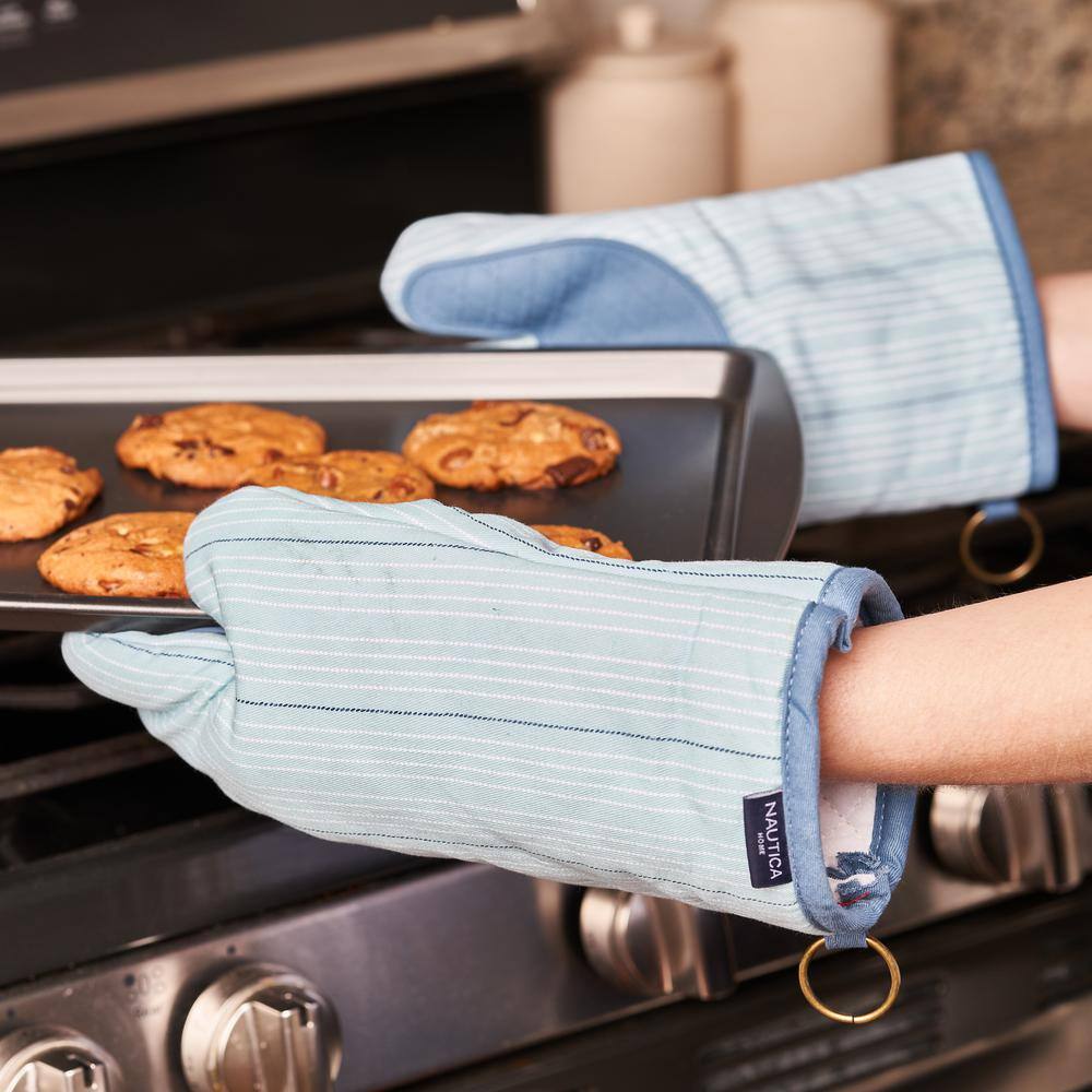 Light Blue Striped Cotton Oven Mitts with Silicone Palm