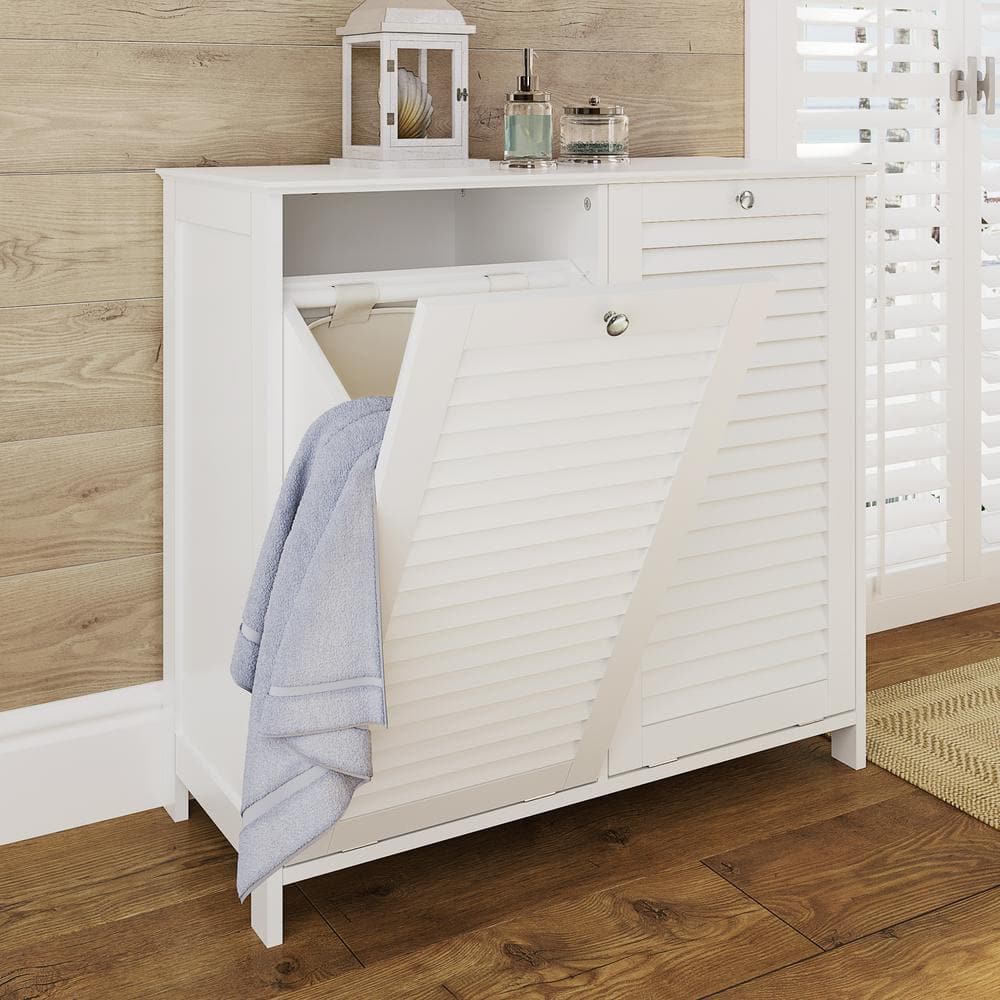 White MDF Double Tilt-Out Laundry Hamper Cabinet with Cloth Bags