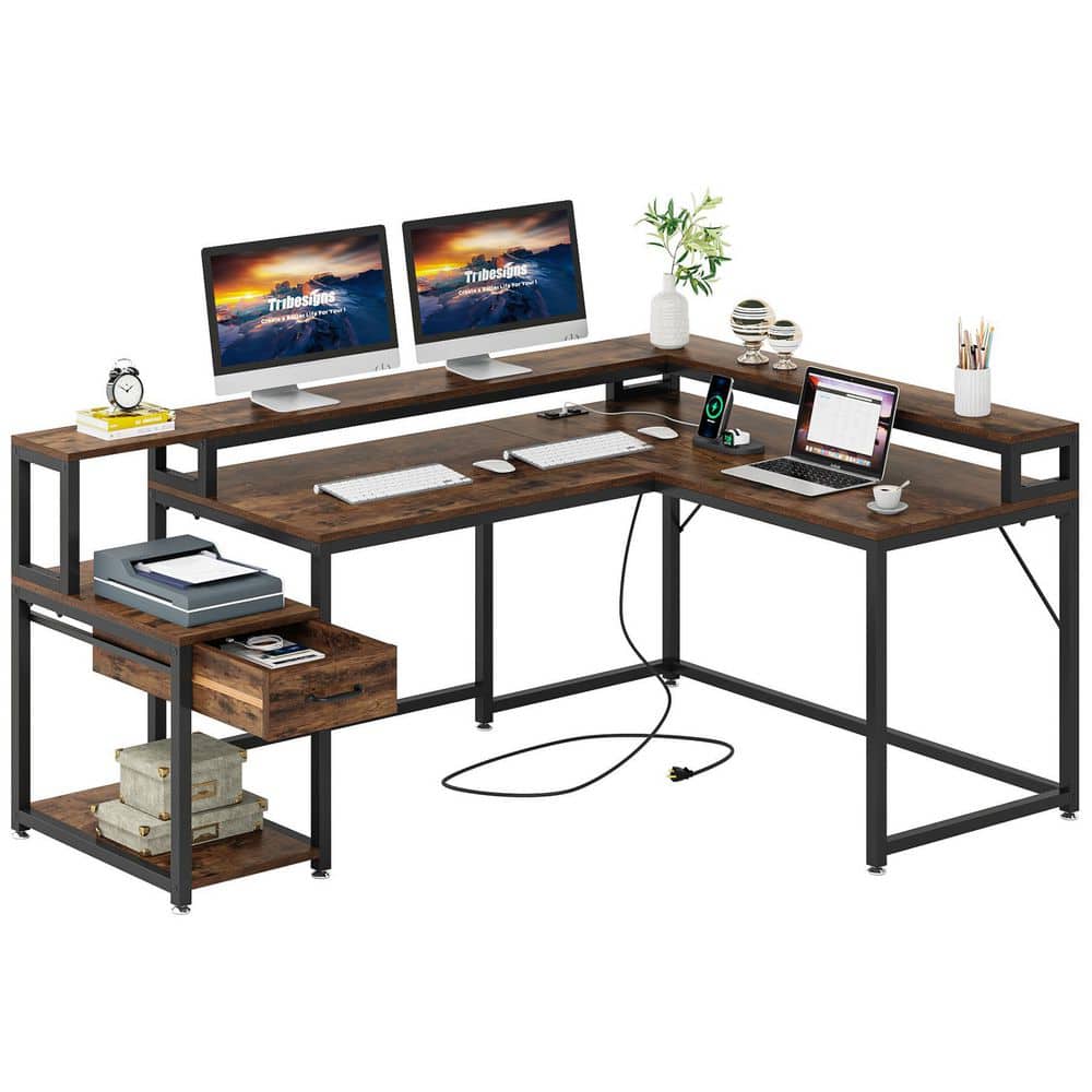 Rolanstar Computer Desk 65 with File Drawer, Gaming Desk with LED Light &  Power Outlets, Home Office Desk with File Cabinet & Storage Shelves, with