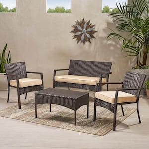 4-Piece Brown Wicker Patio Conversation Set with Beige Cushions