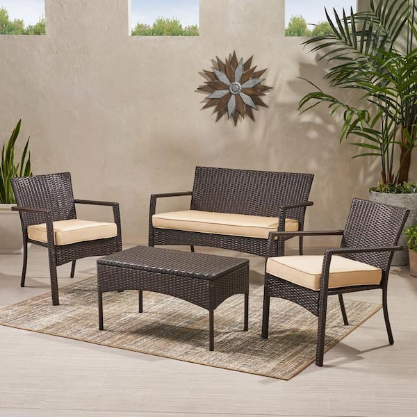 Tenleaf 4-Piece Brown Wicker Patio Conversation Set with Beige Cushions