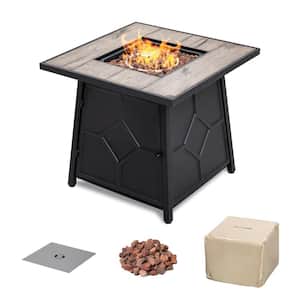 40,000 BTU 28 in. x 25 in. Square Iron Propane Gas Black Fire Pit Table with Cover, MGO Tabletop and Lava Rocks