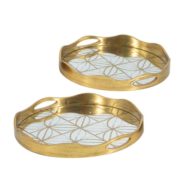 A & B Home Round Gold Plastic Mirror Trays with Geometric Motif-Set of 2-L: D 15.5 x 1.7 in. S: D 14 x 1.7 in.