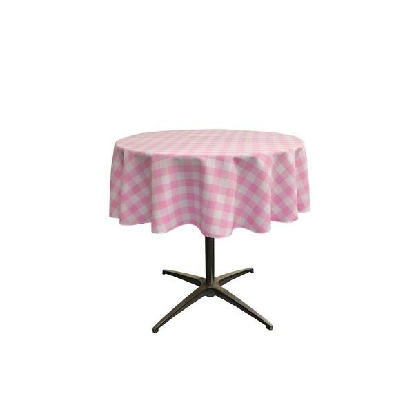 "58 in. White and Pink Polyester Gingham Checkered Round Tablecloth"