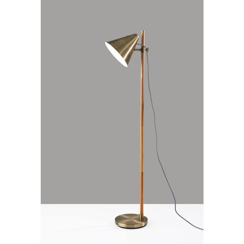 Adjustable Natural Rubberwood and Antique Brass Floor Lamp with Touch Switch