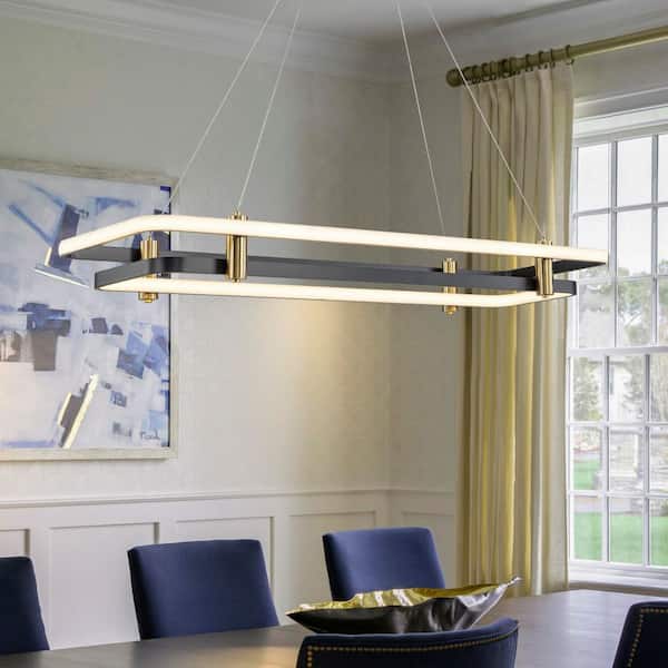 47.6 in. Black and Brass Rectangle 2-Tier Integrated LED Kitchen Island Pendant Light