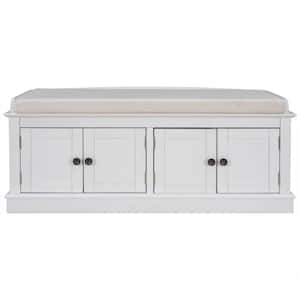 Viven 17.4 in. H x 42.70 in. W White Wood 4-Door Shoe Storage Bench with Removable Cushion